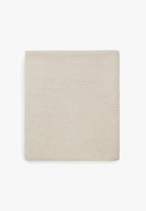 Beige textiel vierkant, gebreid ontwerp, gladde oppervlakte, gelijkmatige dikte, netjes gevouwen met scherpe randen. Ontbeert extra decoratieve elementen.