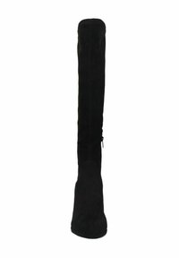 Black over-the-knee boot made from suede, featuring a fitted design, pointed toe, and a side zipper for easy wear. Smooth texture.