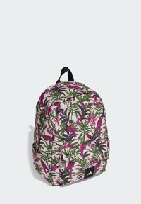 Zaino multicolore con motivo floreale e uccelli su sfondo chiaro, realizzato in tessuto, dotato di manico superiore e tasca frontale.