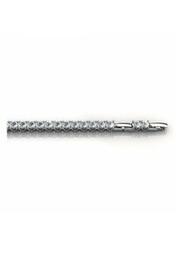 Bracciale d'argento con una fila di pietre rotonde e trasparenti incastonate in una fascia di metallo lucido e elegante. Texture liscia con un motivo uniforme.