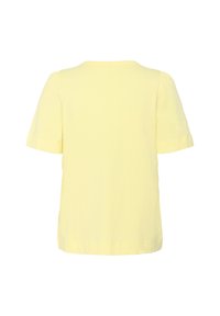Tricou galben cu mânecă scurtă, fabricat din bumbac moale. Are un decolteu rotund și un design simplu, fără modele sau embellishments.