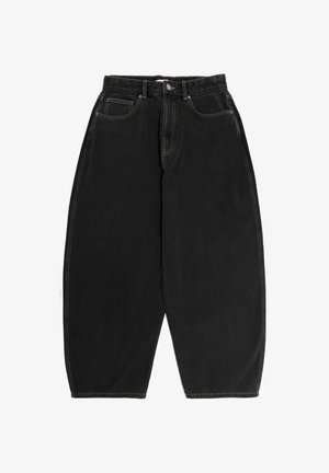 Pantalones vaqueros negros de corte holgado con cintura alta, cierre frontal de botón y cremallera, y diseño de cinco bolsillos.