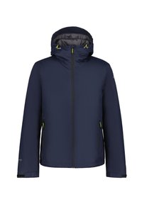 Marineblauwe geïsoleerde jas met een capuchon, voorzien van een voorrits, twee zijzakken en gele accenten op de ritssluiting en de koorden.
