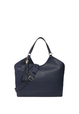 Borsa a tracolla in pelle blu navy con finitura testurizzata, parte superiore curvata, manico rimovibile e un decoro a nappina attaccato a un anello in metallo dorato.
