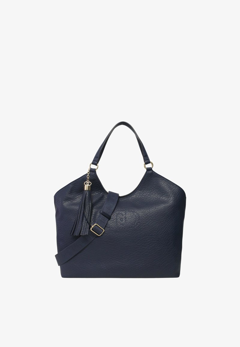 Borsa a tracolla in pelle blu navy con finitura testurizzata, parte superiore curvata, manico rimovibile e un decoro a nappina attaccato a un anello in metallo dorato.