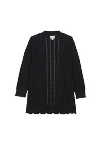 Schwarze Strickjacke mit offenem Vorderteil, ausgestattet mit einem strukturierten Muster und gewelltem Saum. Lange Ärmel mit gerippten Bündchen.