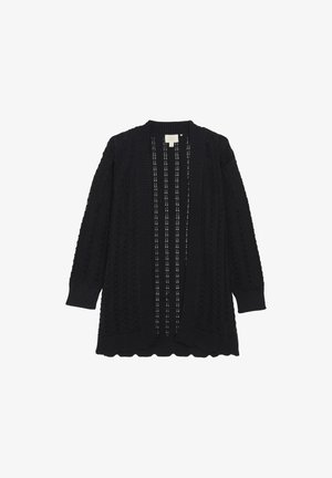 Schwarze Strickjacke mit offenem Vorderteil, ausgestattet mit einem strukturierten Muster und gewelltem Saum. Lange Ärmel mit gerippten Bündchen.