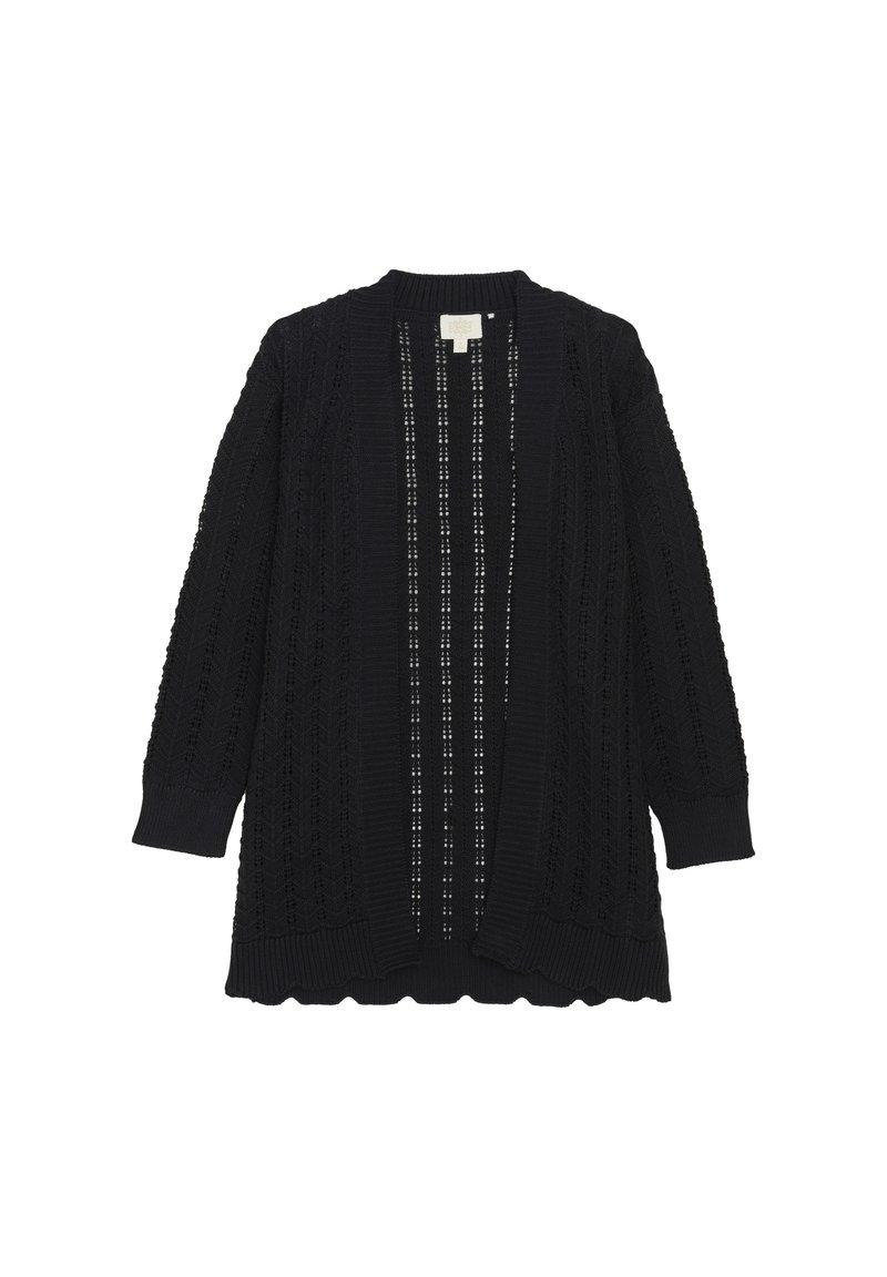 Schwarze Strickjacke mit offenem Vorderteil, ausgestattet mit einem strukturierten Muster und gewelltem Saum. Lange Ärmel mit gerippten Bündchen.