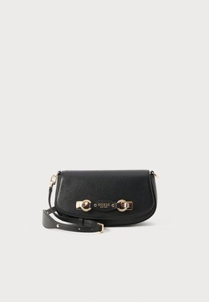 Black faux leather handbag with gold-tone hardware, rectangular shape, adjustable strap, and a front clasp featuring the brand logo.