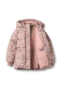 Kwiatowa kurtka puffer w blady róż, z pikowanym wzorem, ściągaczami na rękawach i wewnętrzną kieszenią na zatrzask. Podszewka wewnętrzna.