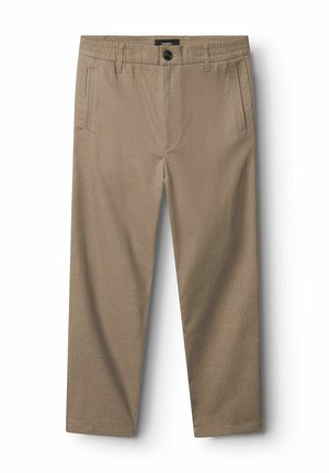 Beige chinos med en glat tekstur, knaplukning og bæltestropper. To sidelommer, skræddersyet pasform og lige ben-design.