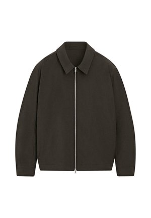 Giacca marrone scuro a maniche lunghe con colletto e cerniera completa argentata al centro, mostrata su sfondo bianco.