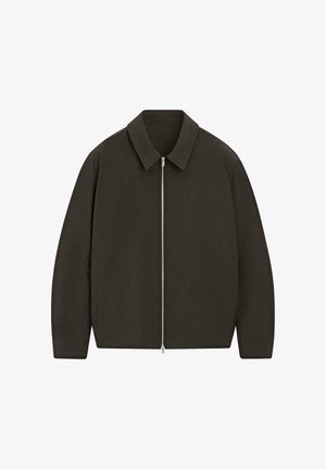 Dunkelbraune langärmlige Jacke mit Kragen und durchgehendem silbernem Reißverschluss in der Mitte, auf weißem Hintergrund dargestellt.