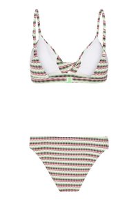 Prugasti bikini set koji se sastoji od trokutastog topa s podesivim trakama i odgovarajućih donjih dijelova. Boje uključuju zelene, ružičaste i crne valovite uzorke.