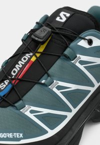Waterdichte teal wandelschoen met zwarte accenten, hexagonale patronen, reflecterende details en een snel-vetersysteem. Voorzien van GORE-TEX-technologie.