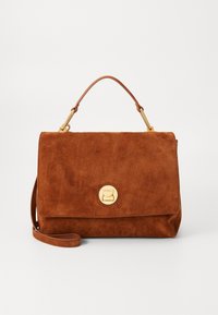 Brown suede handbag with a structured shape, a top handle, and a detachable shoulder strap. Features a gold tone clasp and smooth accents.