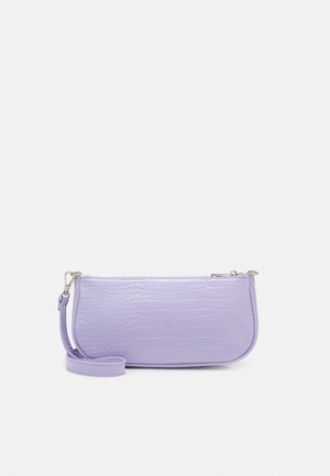 Purple faux leather clutch bag with a crocodile texture, rounded shape, zipper closure, and detachable strap for carrying.