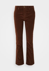 Bruine fluwelen flared broek met een gladde textuur, voorzien van een rits en knoopsluiting, en een standaard vijf-pocket ontwerp.