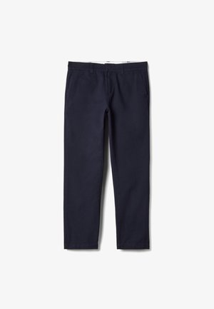 Chinos de algodón azul marino con diseño de pierna recta, que incluyen presillas para cinturón, bolsillos laterales y costuras reforzadas para mayor durabilidad.