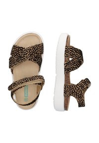Sandalen met luipaardprint, gekruiste banden, tan suede materiaal, witte rubberen zool, gevoerde binnenzool en een verstelbare enkelband.