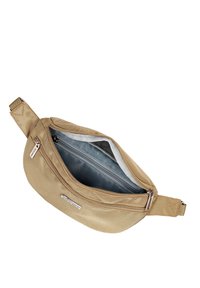 Borse in tessuto beige con un esterno testurizzato, scomparti doppi con zip e una tasca interna foderata di grigio chiaro.