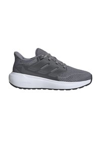Zapatillas deportivas grises con parte superior de malla, cuello acolchado y cordones texturizados. Presenta una media suela blanca etiquetada como "CLOUDFOAM" y una suela exterior de goma negra.