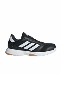 Schwarzer Sportschuh mit weißen Akzenten. Verfügt über ein Obermaterial aus Stoff, eine Gummisohle und drei weiße Streifen an der Seite. Strukturierte Mesh-Optik.