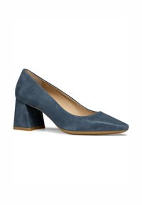 Décolleté blu in suede con punta affusolata. Design con tacco a blocco, texture liscia e suola in gomma marrone chiaro a contrasto. Silhouette pulita.