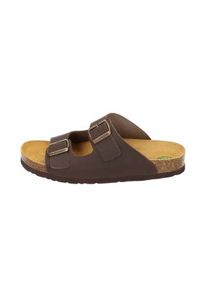 Sandales marron avec deux sangles réglables et boucles en métal, semelle en liège et semelle en caoutchouc texturée. Design plat avec talon ouvert.