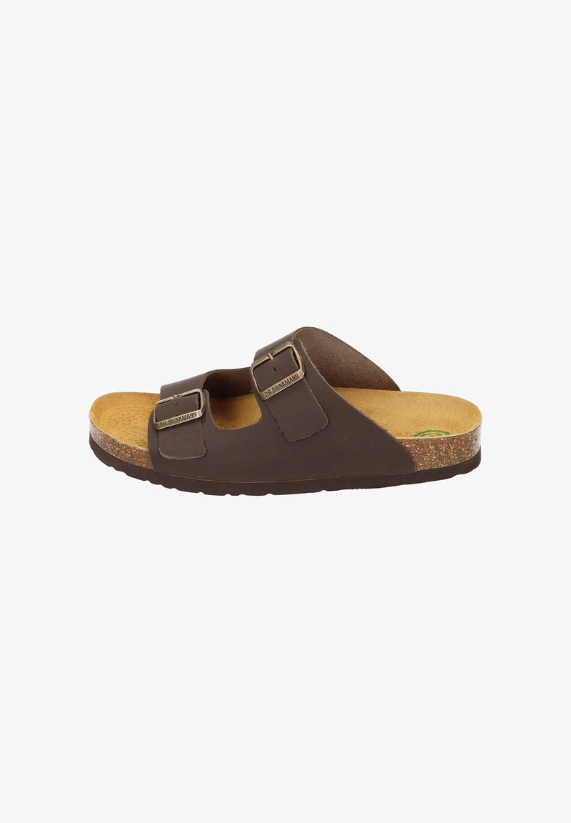 Brown sandals with two adjustable straps and metal buckles, cork footbed, and textured rubber sole. Flat design with open heel.