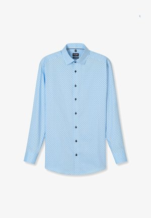 Hellblaues Herrenhemd mit langen Ärmeln, kleinem dunklem geometrischem Muster und schwarzen Knöpfen, moderner Schnitt, weiter Kragen.