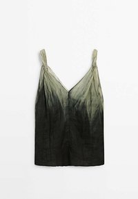 Haut sans manches pour femme avec fines bretelles et col en V, avec un motif ombré dégradé du gris-vert clair en haut au noir en bas.