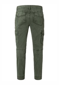 Olivengroene cargobroek met een slim fit, voorzien van twee achterzakken en twee zijzakken, gemaakt van een zachte, gestructureerde stof met een licht vervaagde afwerking.