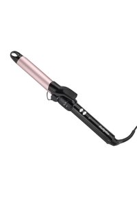 Haarglätter mit einem pinkfarbenen metallischen Barrel und einem schwarzen Griff, ausgestattet mit Steuerknöpfen und einer Schlaufe oben zum Aufhängen.