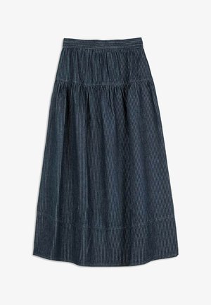 Gonna midi blu scuro con strisce verticali bianche e dettaglio in vita arricciato.