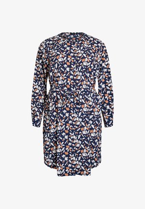 Květinové šaty s dlouhými rukávy v námořnické modři, se vzorem bílých a korálových listů, páskem v pase, kulatým výstřihem a uvolněným střihem.