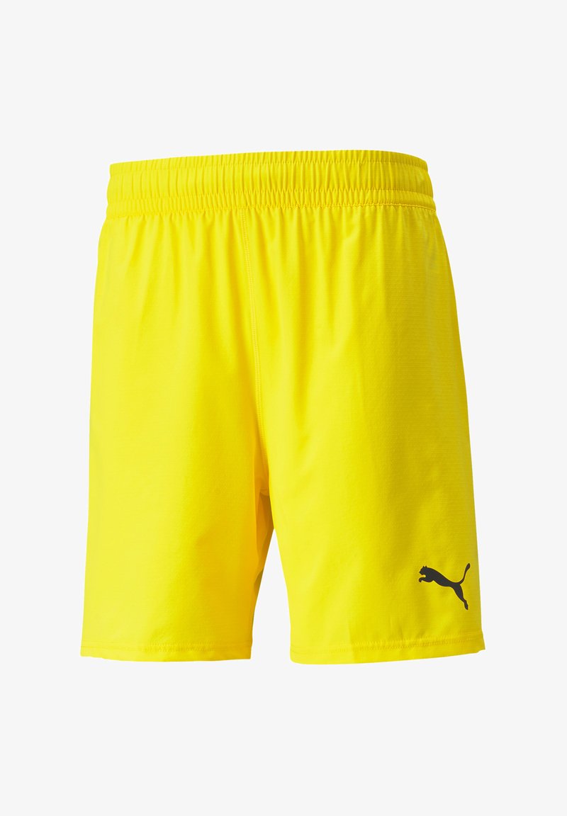 Gelbe Sportshorts mit elastischem Bund, aus leichtem Stoff gefertigt. Mit einem schwarzen Puma-Logo am linken Bein.