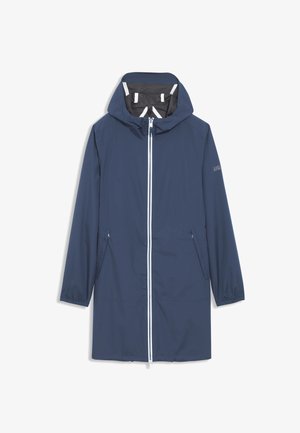 Marineblaues wasserfestes Jacket mit Kapuze, langen Ärmeln, Frontreißverschluss und zwei Seitentaschen. Mit weißen Reißverschluss- und Innendetails.