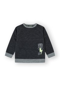 Sudadera de manga larga gris oscuro con puños y dobladillo gris claro, que presenta el texto "Siente el Poder" y un gráfico de rayo amarillo en el frente.