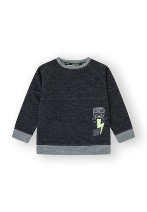 Sudadera de manga larga gris oscuro con puños y dobladillo gris claro, que presenta el texto "Siente el Poder" y un gráfico de rayo amarillo en el frente.