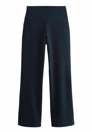 Navy wide-leg trousers with vertical pinstripes, featuring a high waistband, smooth fabric, and tailored design. No visible closures.