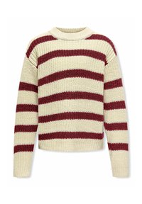 Cream knitted sweater with wide burgundy stripes, round neckline, and ribbed hem. Made from textured yarn, featuring long sleeves.