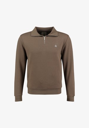 Bruine lange mouwen pullover met een kwart rits aan de voorkant en een klein vierkant logo-patch op de linkerborst.