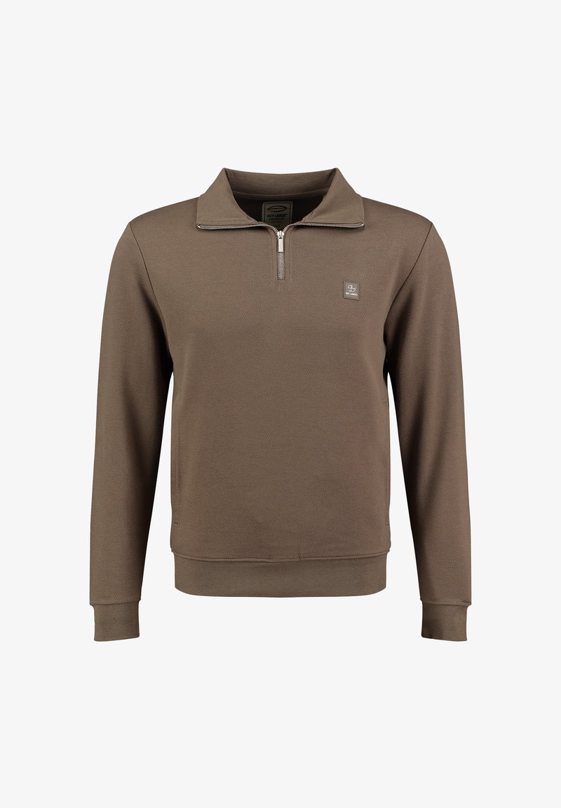 Pullover marrone a maniche lunghe con zip a quarto davanti e piccolo logo quadrato sulla sinistra del petto.