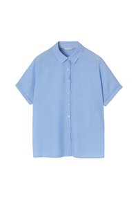 Light blue short-sleeve shirt made from a textured fabric, featuring a classic collar and a front button placket with six buttons.