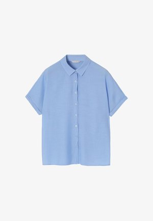 Lyseblå kortærmet skjorte lavet af et struktureret stof, med en klassisk krave og en frontknapstolpe med seks knapper.