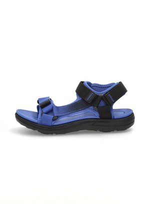 Sandalias azules para exterior con correas de nylon, Velcro ajustable y una suela de goma negra con una superficie texturizada para mayor tracción.