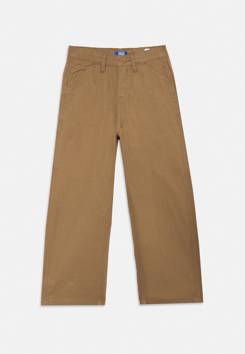 Brown cotton trousers with a straight leg design, featuring front pockets, and a stitched waistband with a logo tag.