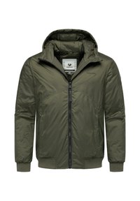 Oliven grøn zip-up hættejakke med polstret design, ribbede manchetter og brandlogoet "ragwear" på brystet og indersiden af kraven.