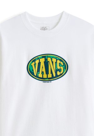 Biała krótka koszulka z bawełny z dużym zielono-żółtym owalnym logo z napisem "VANS" w pogrubionych literach.
